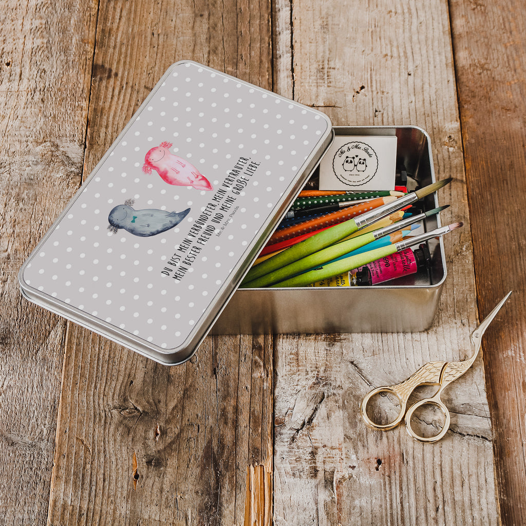 Metalldose rechteckig Axolotl Axel+Lotte Blechdose, Metalldose, Blechbox, Container, Keksdose, Vorratsdose, Vorratsbox, Döschen, Versperbox, Vesperdose, Aufbewahrungsdose, Aufbewahrungsbox, Aluminiumdose, Dose, Axolotl, Molch, Axolot, Schwanzlurch, Lurch, Lurche, Liebe, große Liebe, Liebesbeweis, Freund, Verlobter, Ehemann, Jahrestag, Valentinstag