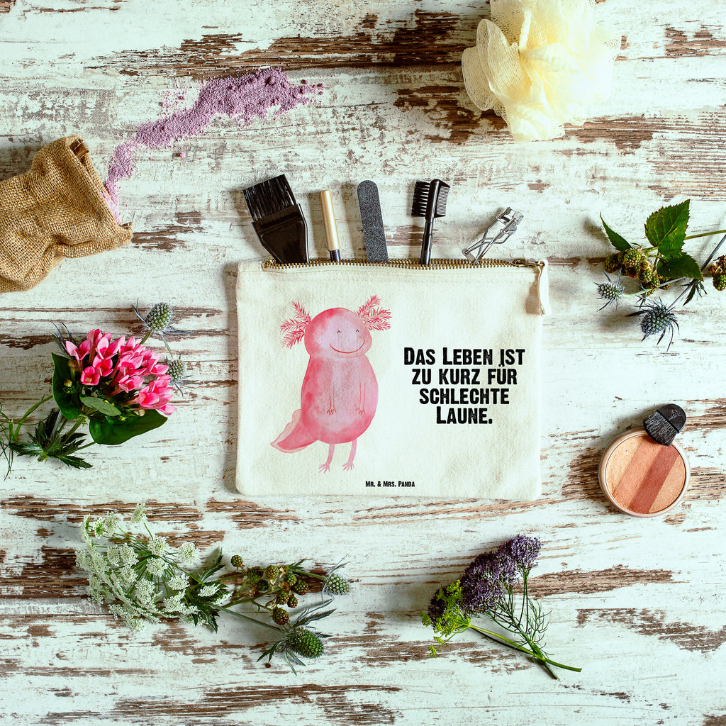 Schminktasche Axolotl glücklich Schminktasche, Kosmetiktasche, Kosmetikbeutel, Stiftemäppchen, Etui, Federmappe, Makeup, XXL, Schminketui, Kosmetiketui, Schlamperetui, Axolotl, Molch, Axolot, Schwanzlurch, Lurch, Lurche, Motivation, gute Laune