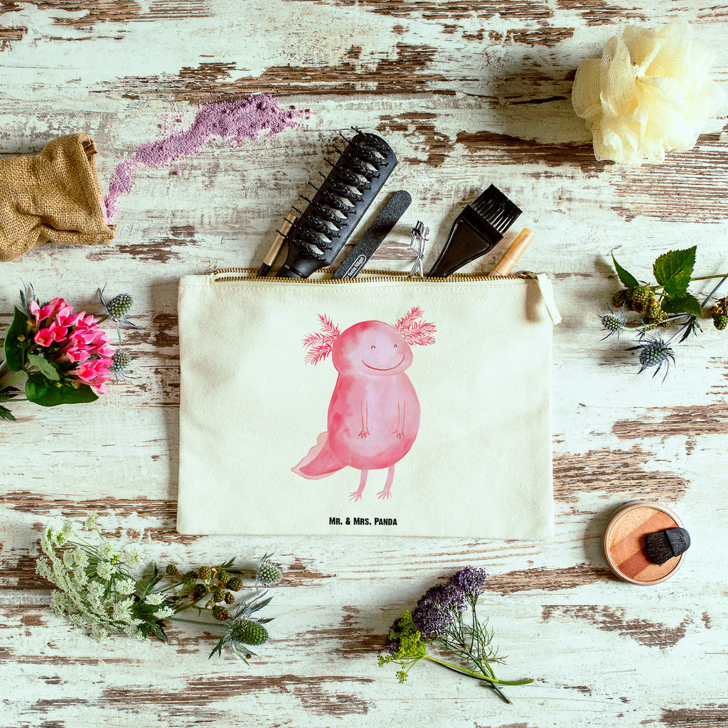 Schminktasche Axolotl glücklich Schminktasche, Kosmetiktasche, Kosmetikbeutel, Stiftemäppchen, Etui, Federmappe, Makeup, XXL, Schminketui, Kosmetiketui, Schlamperetui, Axolotl, Molch, Axolot, Schwanzlurch, Lurch, Lurche, Motivation, gute Laune
