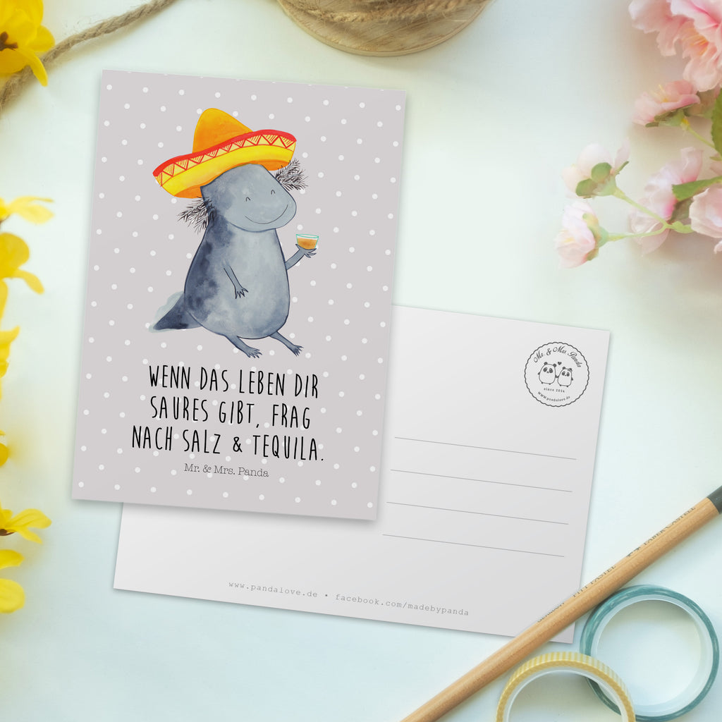 Postkarte Axolotl Tequila Geschenkkarte, Grußkarte, Karte, Einladung, Ansichtskarte, Geburtstagskarte, Einladungskarte, Dankeskarte, Axolotl, Molch, Mexico, Mexiko, Sombrero, Zitrone, Tequila, Motivation, Spruch, Schwanzlurch, Lurch, Lurche, Axolot, Feuerdrache, Feuersalamander