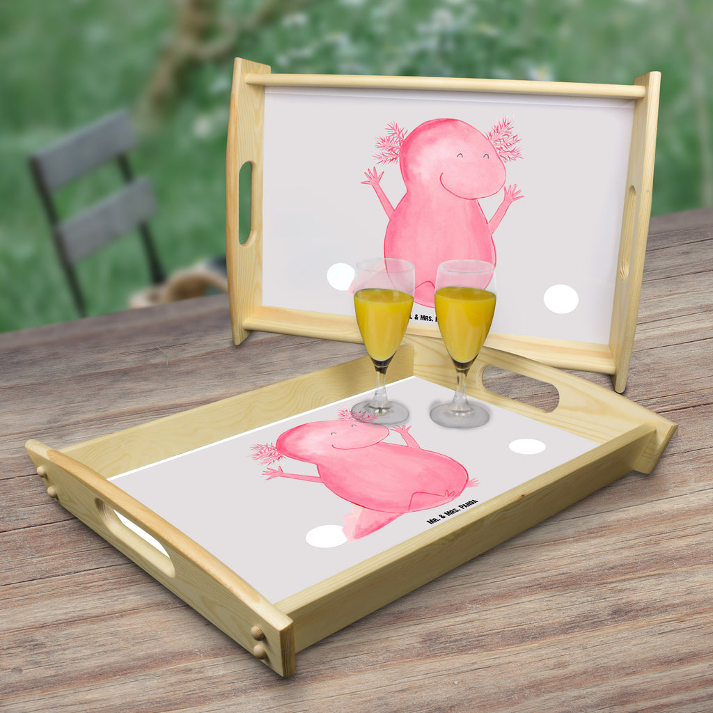 Serviertablett Axolotl Hurra Tablett, Holztablett, Küchentablett, Dekotablett, Frühstückstablett, Axolotl, Molch, Axolot, Schwanzlurch, Lurch, Lurche, fröhlich, Spaß, Freude, Motivation, Zufriedenheit