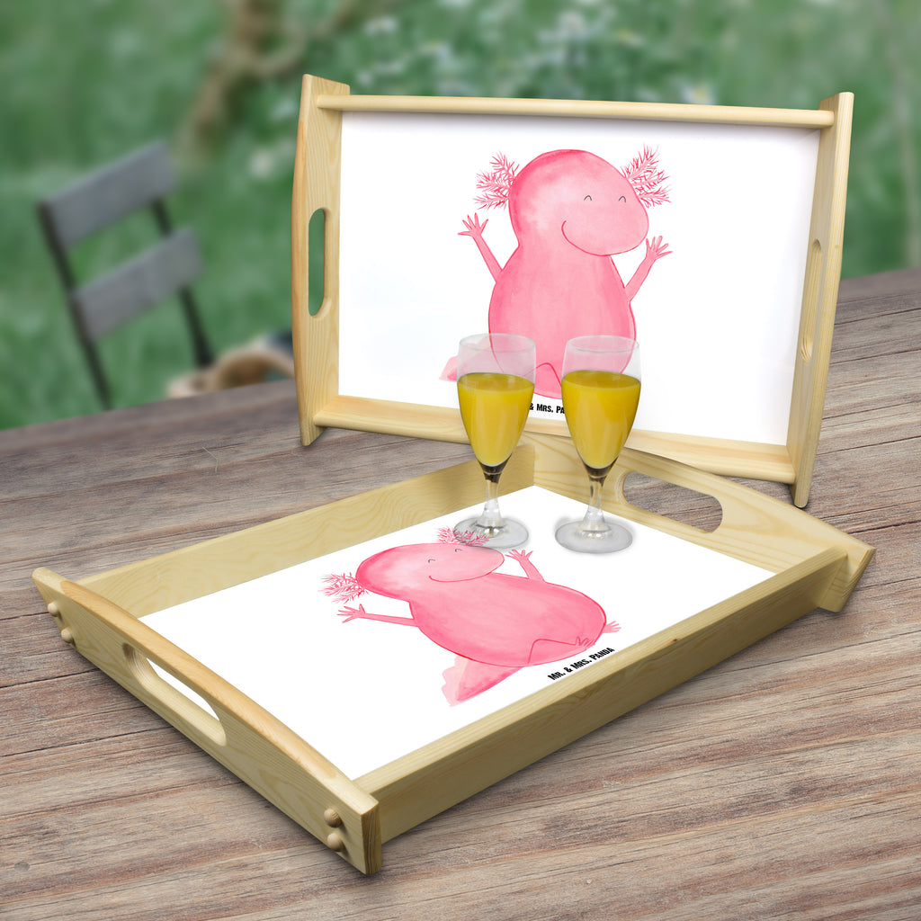 Serviertablett Axolotl Hurra Tablett, Holztablett, Küchentablett, Dekotablett, Frühstückstablett, Axolotl, Molch, Axolot, Schwanzlurch, Lurch, Lurche, fröhlich, Spaß, Freude, Motivation, Zufriedenheit