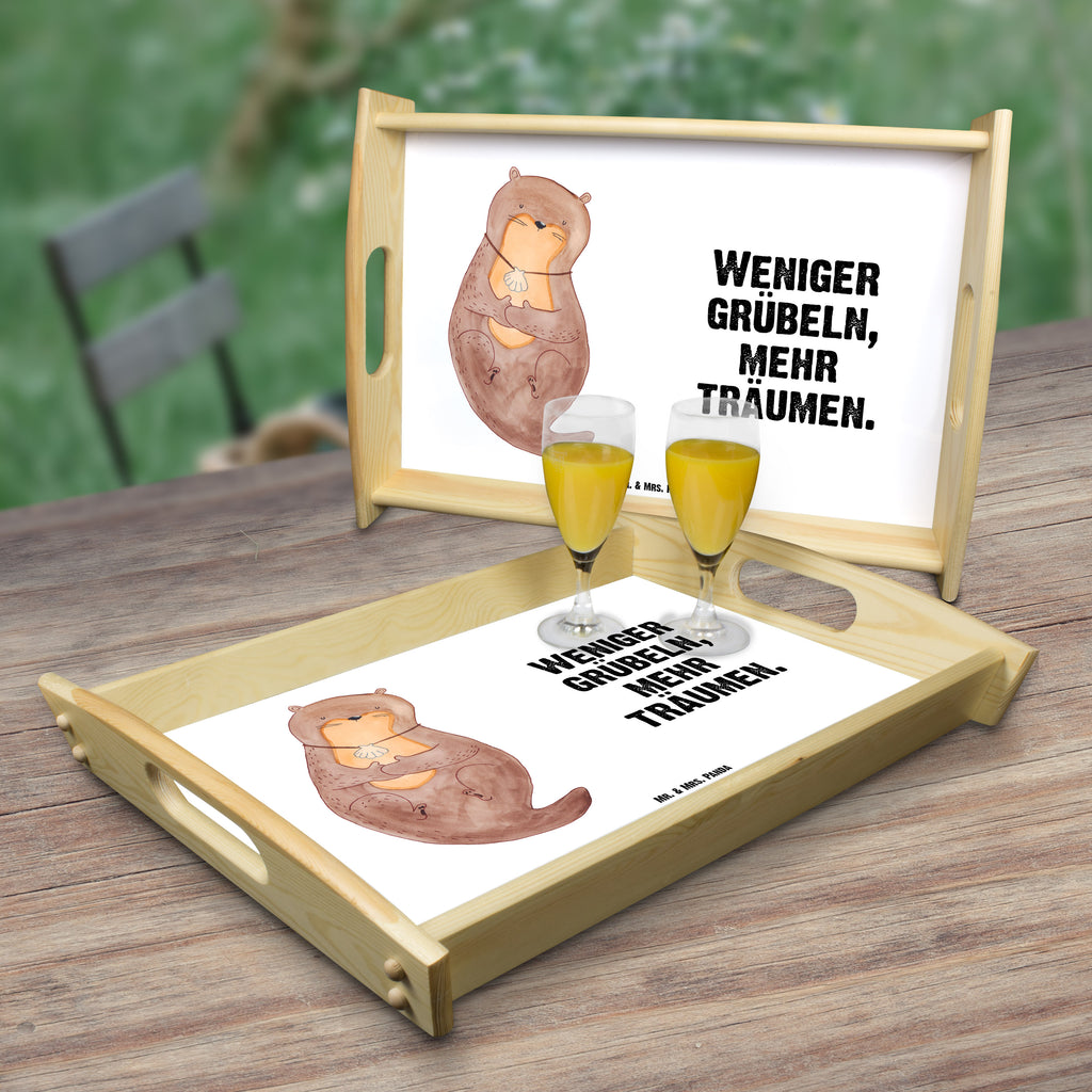 Serviertablett Otter mit Muschelmedaillon Tablett, Holztablett, Küchentablett, Dekotablett, Frühstückstablett, Otter, Fischotter, Seeotter, Otterliebe, grübeln, träumen, Motivation, Tagträumen, Büro