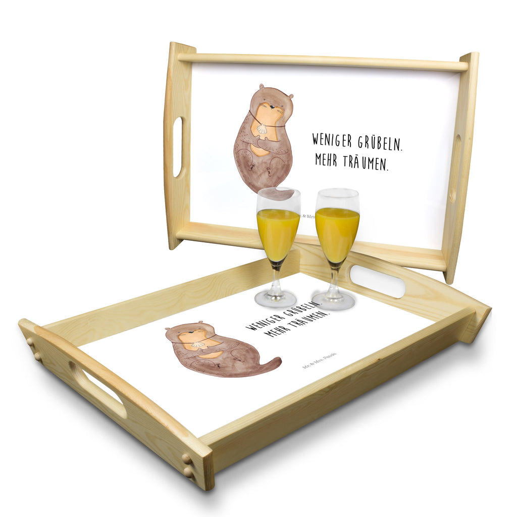 Serviertablett Otter mit Muschelmedaillon Tablett, Holztablett, Küchentablett, Dekotablett, Frühstückstablett, Otter, Fischotter, Seeotter, Otterliebe, grübeln, träumen, Motivation, Tagträumen, Büro
