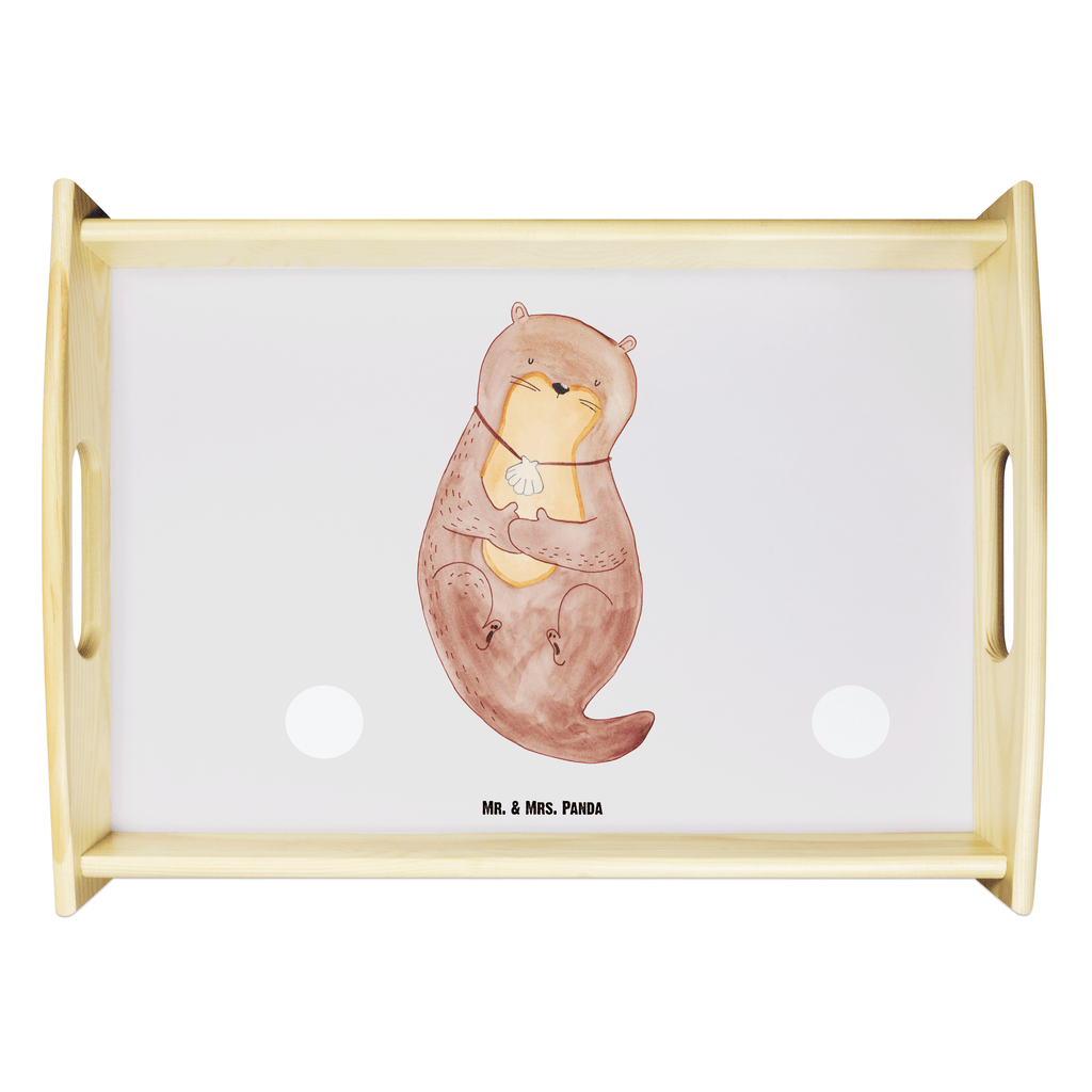 Serviertablett Otter mit Muschelmedaillon Tablett, Holztablett, Küchentablett, Dekotablett, Frühstückstablett, Otter, Fischotter, Seeotter, Otterliebe, grübeln, träumen, Motivation, Tagträumen, Büro
