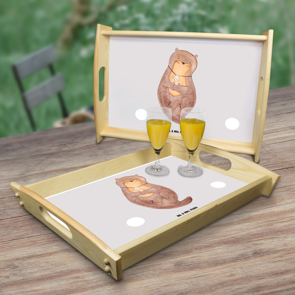 Serviertablett Otter mit Muschelmedaillon Tablett, Holztablett, Küchentablett, Dekotablett, Frühstückstablett, Otter, Fischotter, Seeotter, Otterliebe, grübeln, träumen, Motivation, Tagträumen, Büro