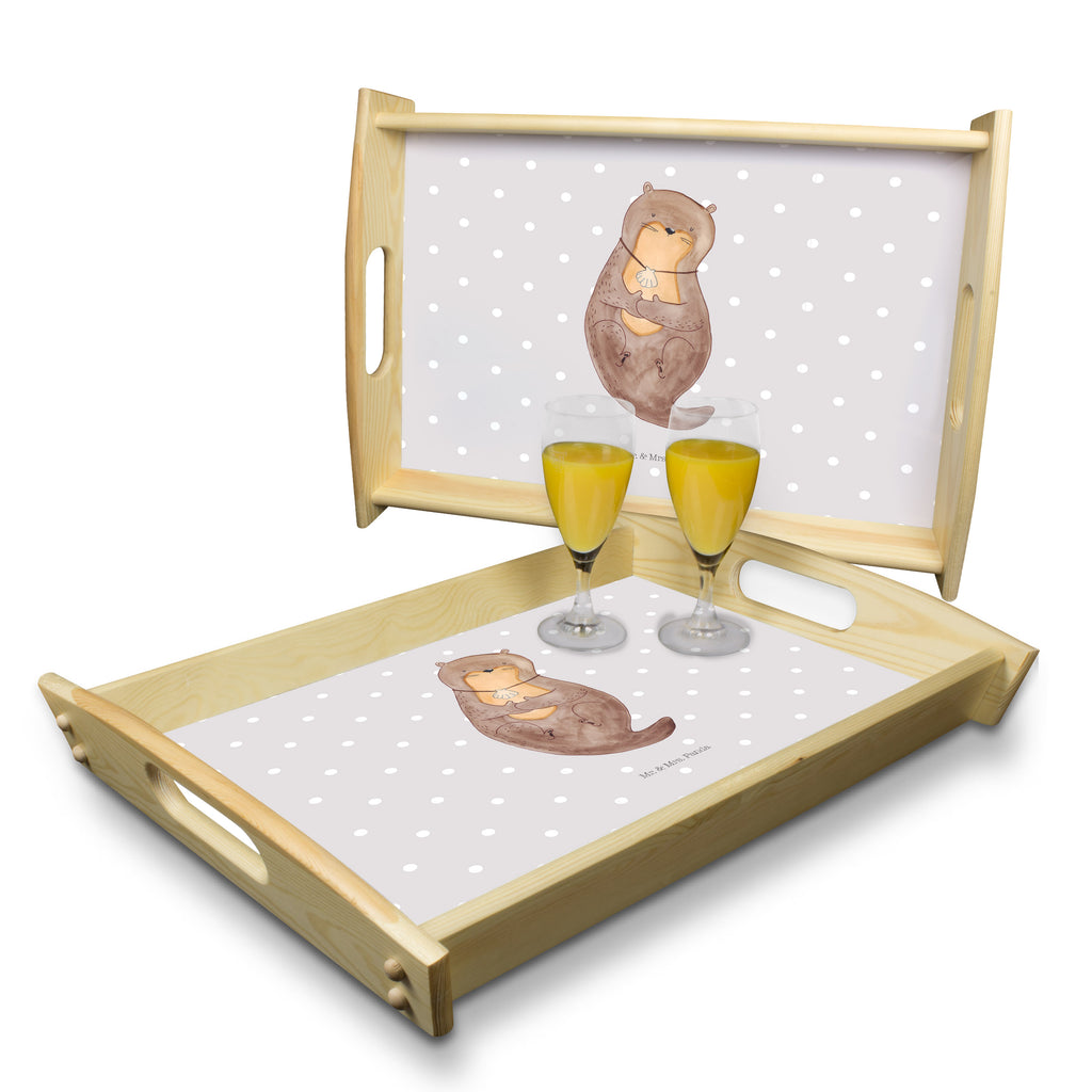 Serviertablett Otter mit Muschelmedaillon Tablett, Holztablett, Küchentablett, Dekotablett, Frühstückstablett, Otter, Fischotter, Seeotter, Otterliebe, grübeln, träumen, Motivation, Tagträumen, Büro
