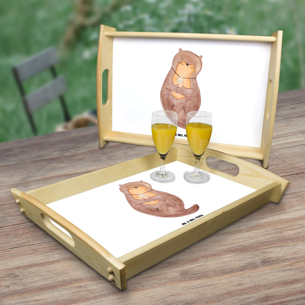 Serviertablett Otter mit Muschelmedaillon Tablett, Holztablett, Küchentablett, Dekotablett, Frühstückstablett, Otter, Fischotter, Seeotter, Otterliebe, grübeln, träumen, Motivation, Tagträumen, Büro