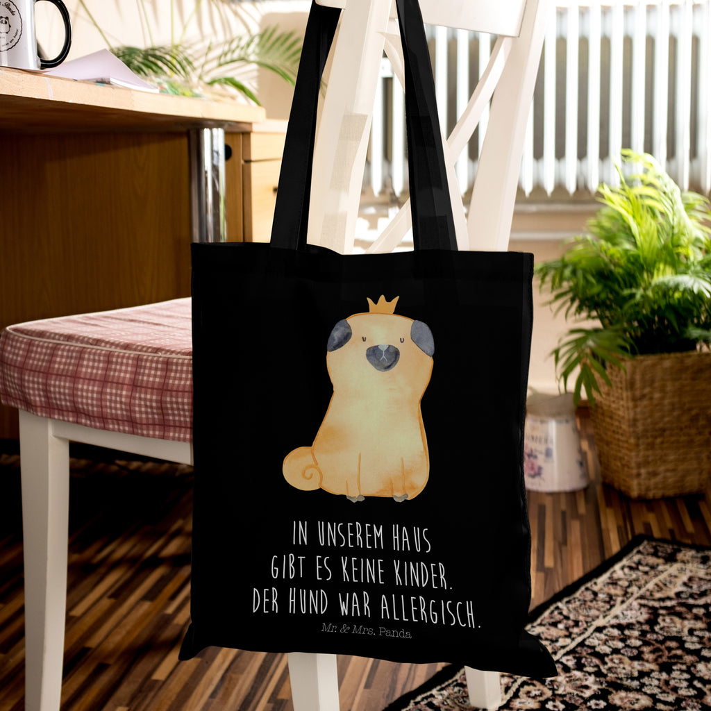 Tragetasche Mops Krone Beuteltasche, Beutel, Einkaufstasche, Jutebeutel, Stoffbeutel, Hund, Hundemotiv, Haustier, Hunderasse, Tierliebhaber, Hundebesitzer, Sprüche, Mops, allergisch, kinderlos, Hausregel, Hundebesitzer. Spruch, lustig