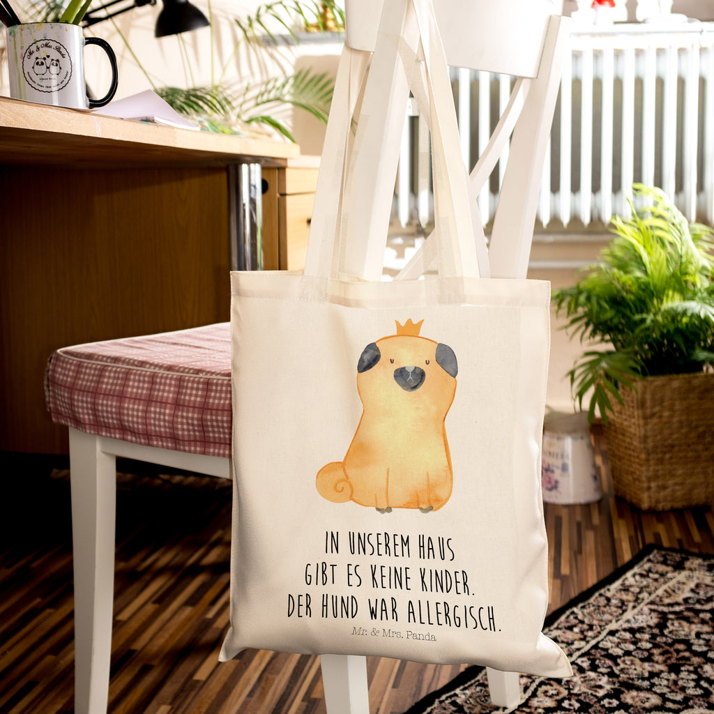Tragetasche Mops Krone Beuteltasche, Beutel, Einkaufstasche, Jutebeutel, Stoffbeutel, Hund, Hundemotiv, Haustier, Hunderasse, Tierliebhaber, Hundebesitzer, Sprüche, Mops, allergisch, kinderlos, Hausregel, Hundebesitzer. Spruch, lustig