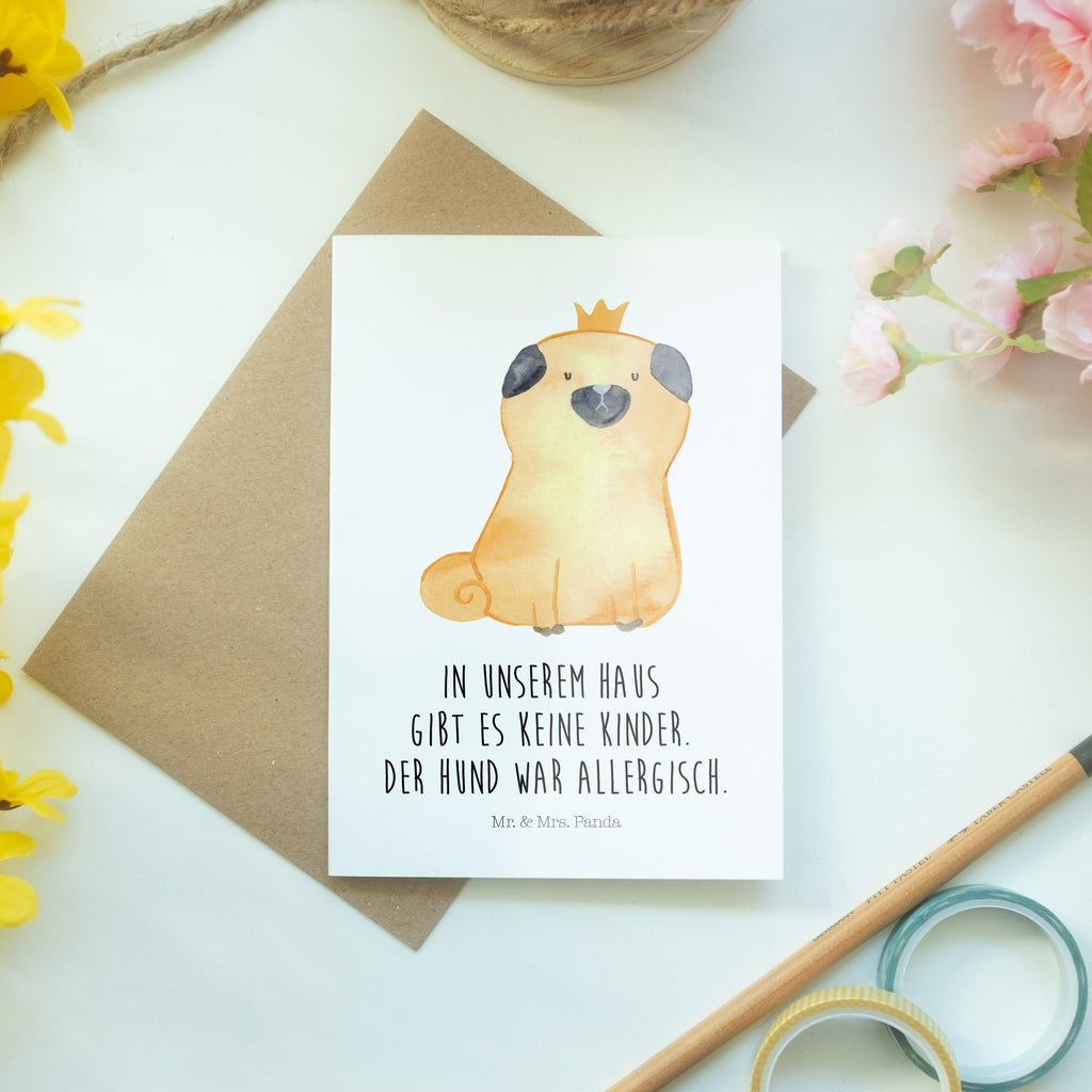 Grußkarte Mops Krone Klappkarte, Einladungskarte, Glückwunschkarte, Hochzeitskarte, Geburtstagskarte, Karte, Hund, Hundemotiv, Haustier, Hunderasse, Tierliebhaber, Hundebesitzer, Sprüche, Mops, allergisch, kinderlos, Hausregel, Hundebesitzer. Spruch, lustig