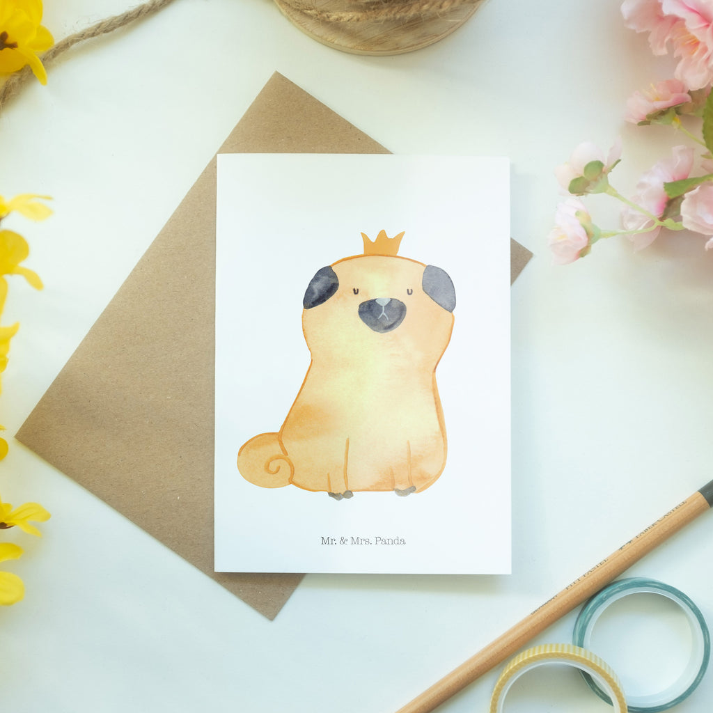 Grußkarte Mops Krone Klappkarte, Einladungskarte, Glückwunschkarte, Hochzeitskarte, Geburtstagskarte, Karte, Hund, Hundemotiv, Haustier, Hunderasse, Tierliebhaber, Hundebesitzer, Sprüche, Mops, allergisch, kinderlos, Hausregel, Hundebesitzer. Spruch, lustig