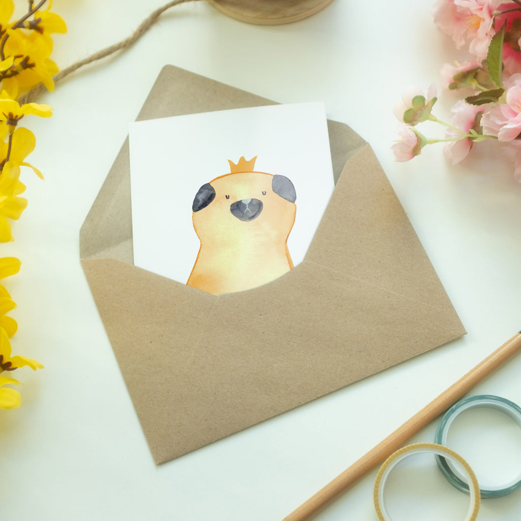 Grußkarte Mops Krone Klappkarte, Einladungskarte, Glückwunschkarte, Hochzeitskarte, Geburtstagskarte, Karte, Hund, Hundemotiv, Haustier, Hunderasse, Tierliebhaber, Hundebesitzer, Sprüche, Mops, allergisch, kinderlos, Hausregel, Hundebesitzer. Spruch, lustig