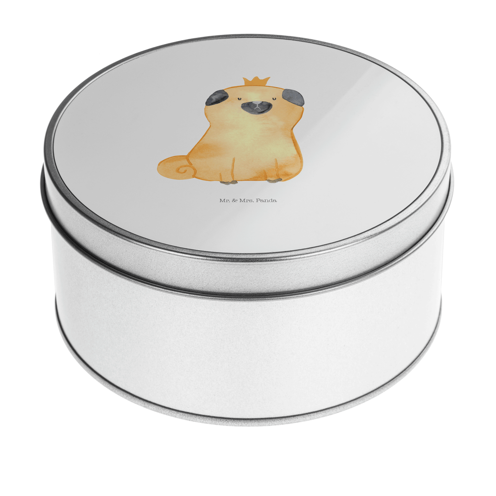 Blechdose rund Mops Krone Metalldose, Keksdose, Dose, Vorratsdose, Geschenkbox, Hund, Hundemotiv, Haustier, Hunderasse, Tierliebhaber, Hundebesitzer, Sprüche, Mops, allergisch, kinderlos, Hausregel, Hundebesitzer. Spruch, lustig