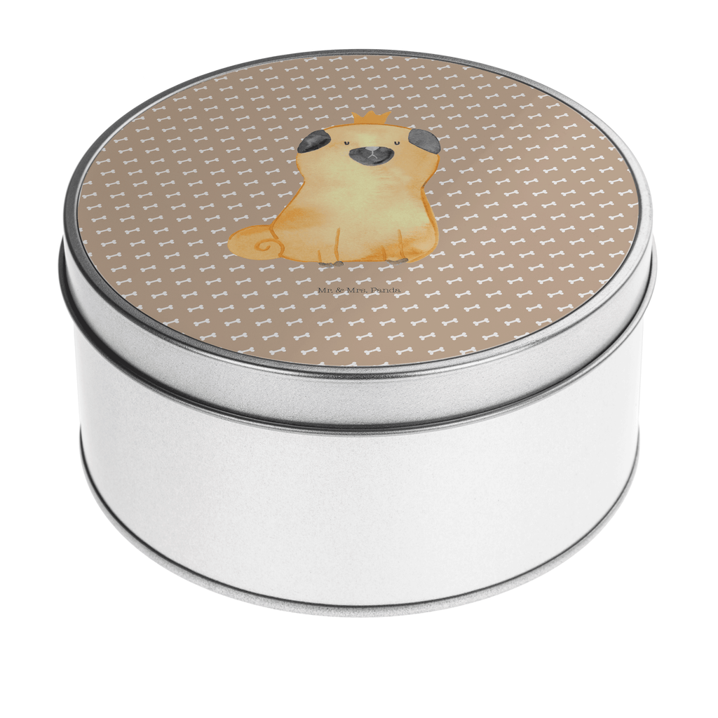 Blechdose rund Mops Krone Metalldose, Keksdose, Dose, Vorratsdose, Geschenkbox, Hund, Hundemotiv, Haustier, Hunderasse, Tierliebhaber, Hundebesitzer, Sprüche, Mops, allergisch, kinderlos, Hausregel, Hundebesitzer. Spruch, lustig