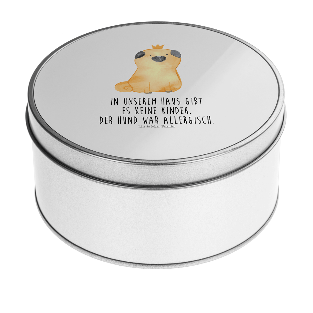 Blechdose rund Mops Krone Metalldose, Keksdose, Dose, Vorratsdose, Geschenkbox, Hund, Hundemotiv, Haustier, Hunderasse, Tierliebhaber, Hundebesitzer, Sprüche, Mops, allergisch, kinderlos, Hausregel, Hundebesitzer. Spruch, lustig