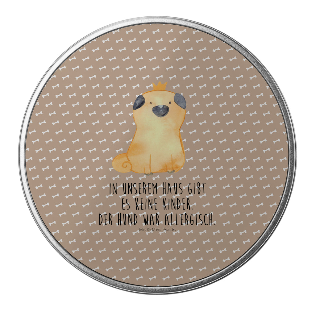 Blechdose rund Mops Krone Metalldose, Keksdose, Dose, Vorratsdose, Geschenkbox, Hund, Hundemotiv, Haustier, Hunderasse, Tierliebhaber, Hundebesitzer, Sprüche, Mops, allergisch, kinderlos, Hausregel, Hundebesitzer. Spruch, lustig
