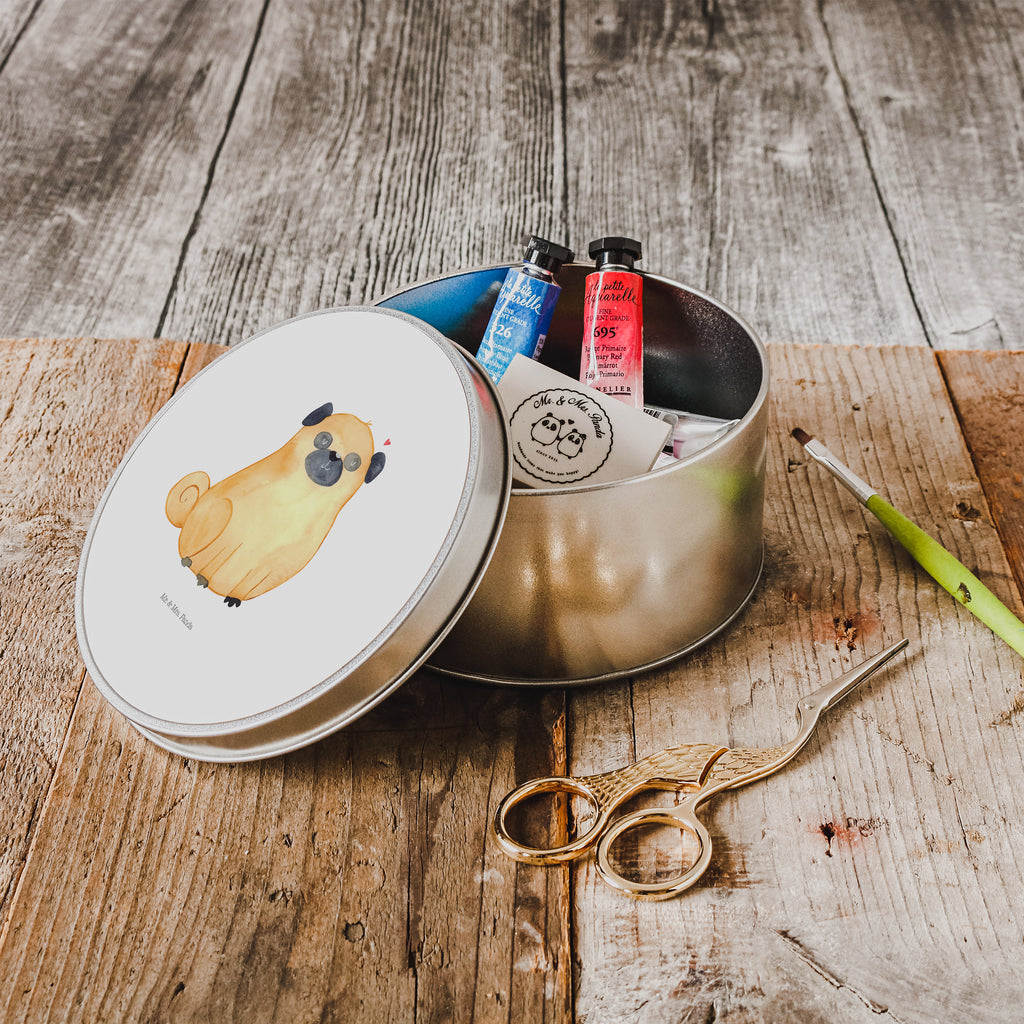Blechdose rund Mops Metalldose, Keksdose, Dose, Vorratsdose, Geschenkbox, Hund, Hundemotiv, Haustier, Hunderasse, Tierliebhaber, Hundebesitzer, Sprüche, Mops, Liebe, Hundeliebe