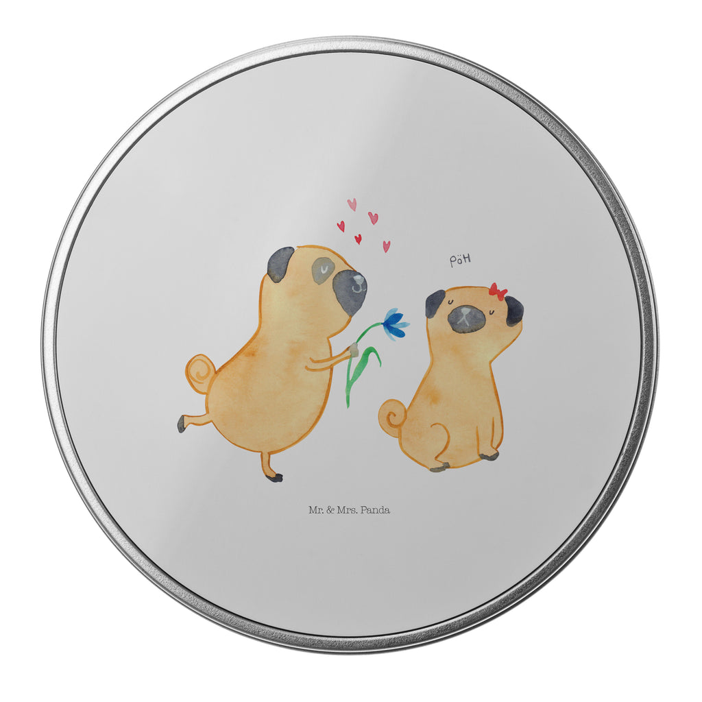 Blechdose rund Mops verliebt Metalldose, Keksdose, Dose, Vorratsdose, Geschenkbox, Hund, Hundemotiv, Haustier, Hunderasse, Tierliebhaber, Hundebesitzer, Sprüche, Mops, Möpse, Hundeliebe, verliebt, Liebe, Liebesspruch. Verlobt, Geschenk Freund, Partner