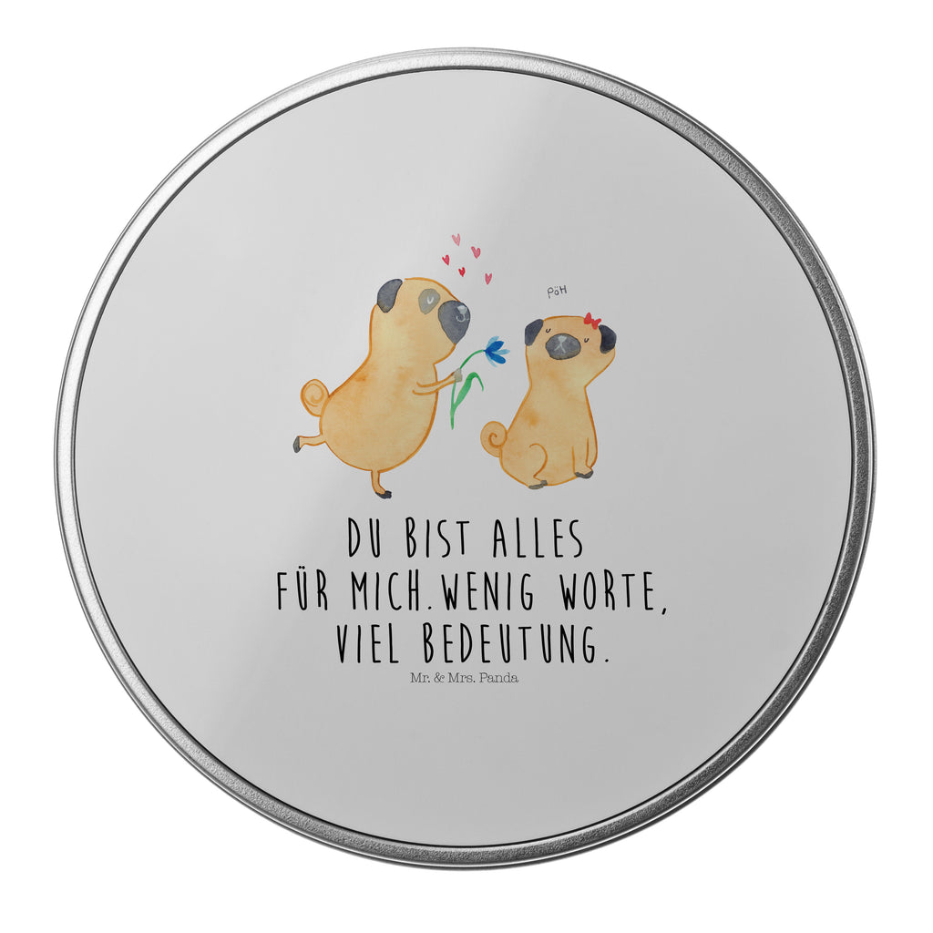 Blechdose rund Mops verliebt Metalldose, Keksdose, Dose, Vorratsdose, Geschenkbox, Hund, Hundemotiv, Haustier, Hunderasse, Tierliebhaber, Hundebesitzer, Sprüche, Mops, Möpse, Hundeliebe, verliebt, Liebe, Liebesspruch. Verlobt, Geschenk Freund, Partner