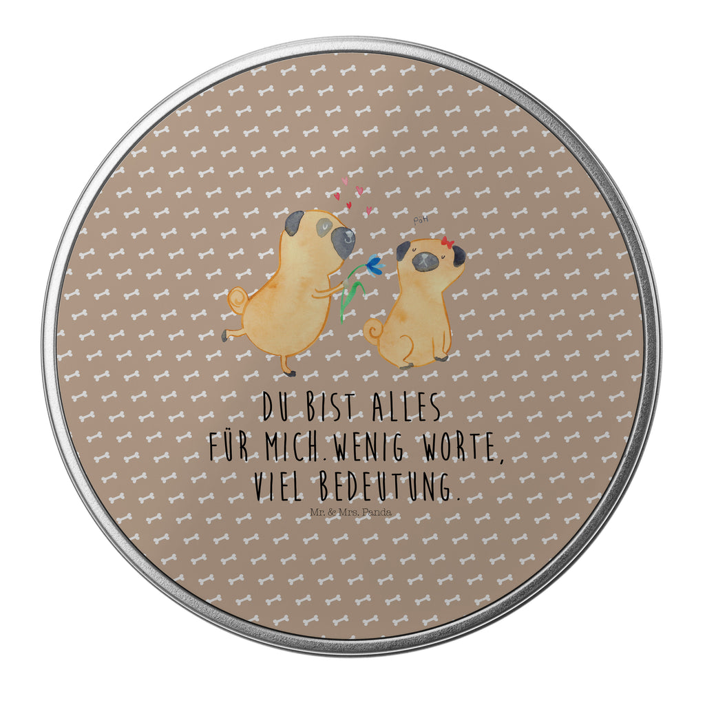 Blechdose rund Mops verliebt Metalldose, Keksdose, Dose, Vorratsdose, Geschenkbox, Hund, Hundemotiv, Haustier, Hunderasse, Tierliebhaber, Hundebesitzer, Sprüche, Mops, Möpse, Hundeliebe, verliebt, Liebe, Liebesspruch. Verlobt, Geschenk Freund, Partner