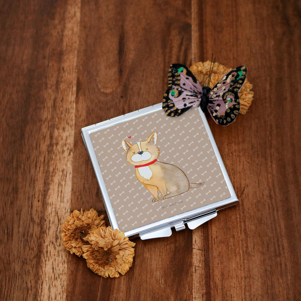 Handtaschenspiegel quadratisch Hundeglück Spiegel, Handtasche, Quadrat, silber, schminken, Schminkspiegel, Hund, Hundemotiv, Haustier, Hunderasse, Tierliebhaber, Hundebesitzer, Sprüche, Corgie, Hundeliebe, Spruch, Hundemama, Liebe