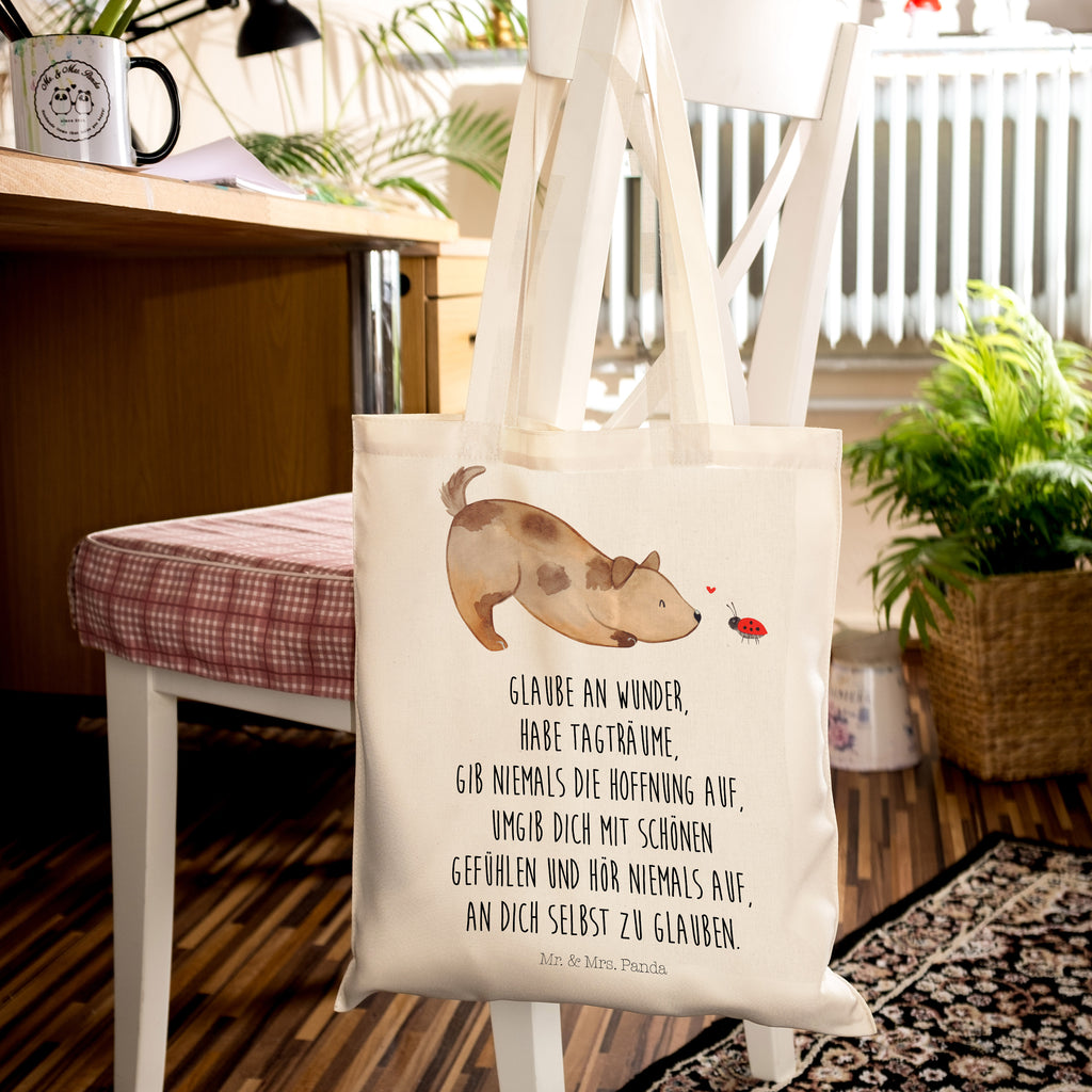 Tragetasche Hund Marienkäfer Beuteltasche, Beutel, Einkaufstasche, Jutebeutel, Stoffbeutel, Hund, Hundemotiv, Haustier, Hunderasse, Tierliebhaber, Hundebesitzer, Sprüche, Hunde, Hundespruch, Marienkäfer, Mischling, Mischlinghund