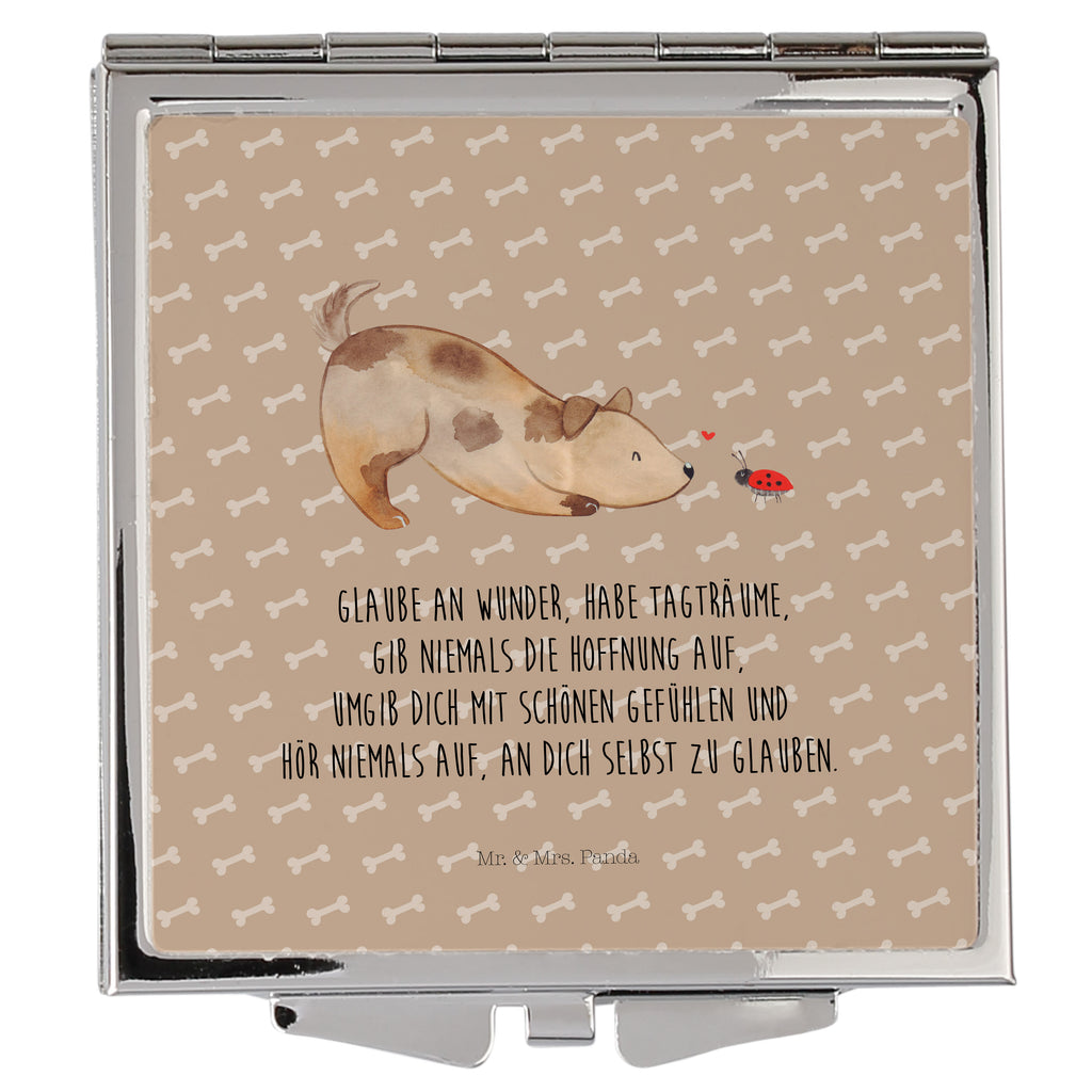 Handtaschenspiegel quadratisch Hund Marienkäfer Spiegel, Handtasche, Quadrat, silber, schminken, Schminkspiegel, Hund, Hundemotiv, Haustier, Hunderasse, Tierliebhaber, Hundebesitzer, Sprüche, Hunde, Hundespruch, Marienkäfer, Mischling, Mischlinghund