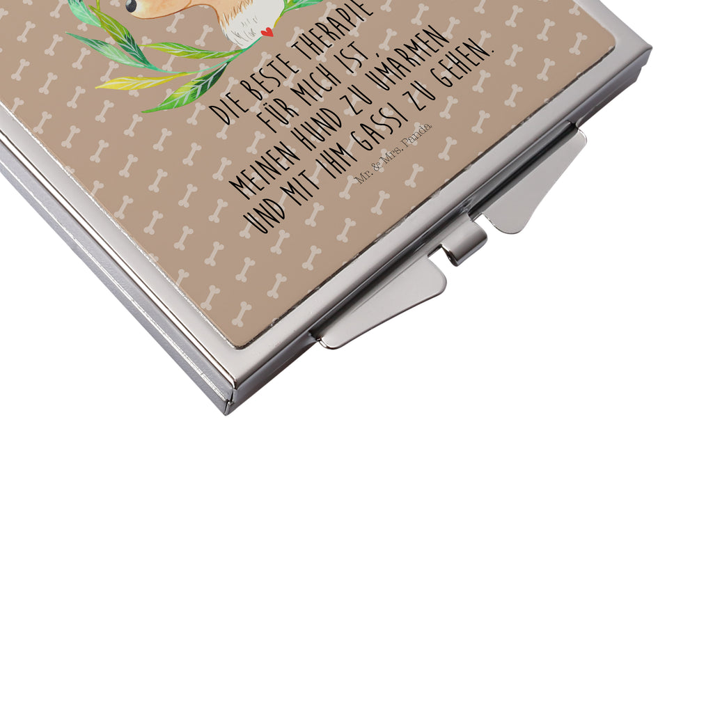 Handtaschenspiegel quadratisch Hund Ranke Spiegel, Handtasche, Quadrat, silber, schminken, Schminkspiegel, Hund, Hundemotiv, Haustier, Hunderasse, Tierliebhaber, Hundebesitzer, Sprüche, Ranke, Therapie, Selbsttherapie, Hundeliebe, Hundeglück, Hunde