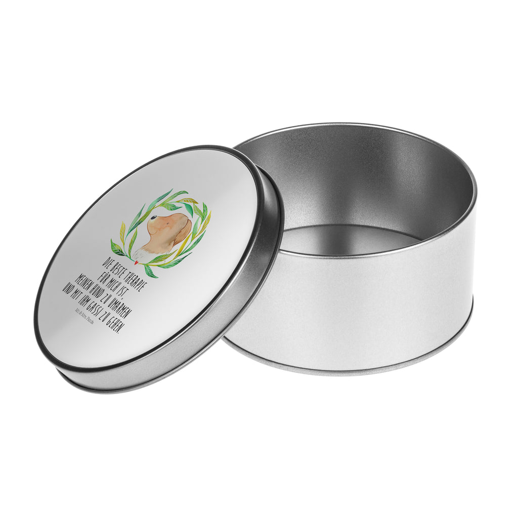 Blechdose rund Hund Ranke Metalldose, Keksdose, Dose, Vorratsdose, Geschenkbox, Hund, Hundemotiv, Haustier, Hunderasse, Tierliebhaber, Hundebesitzer, Sprüche, Ranke, Therapie, Selbsttherapie, Hundeliebe, Hundeglück, Hunde