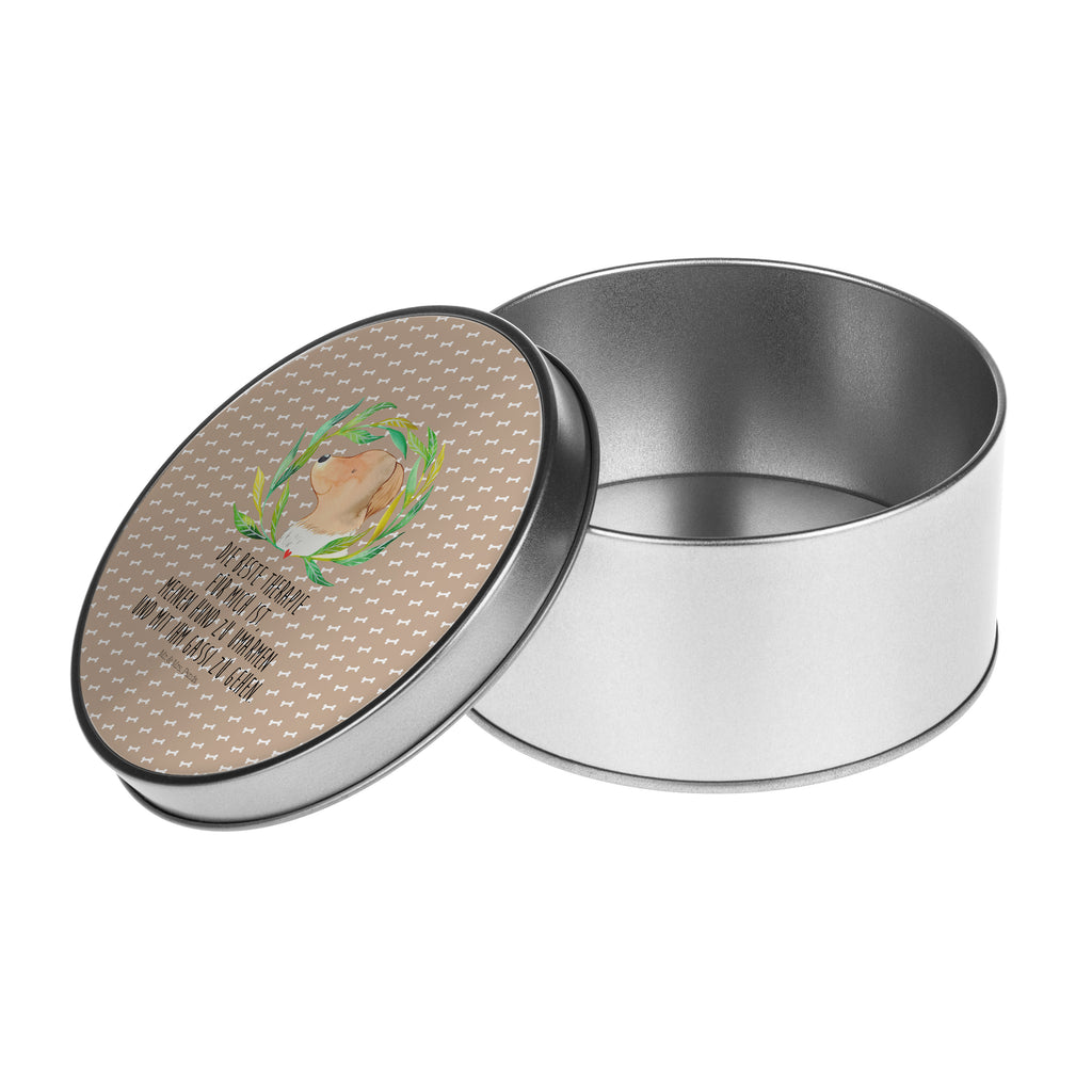 Blechdose rund Hund Ranke Metalldose, Keksdose, Dose, Vorratsdose, Geschenkbox, Hund, Hundemotiv, Haustier, Hunderasse, Tierliebhaber, Hundebesitzer, Sprüche, Ranke, Therapie, Selbsttherapie, Hundeliebe, Hundeglück, Hunde