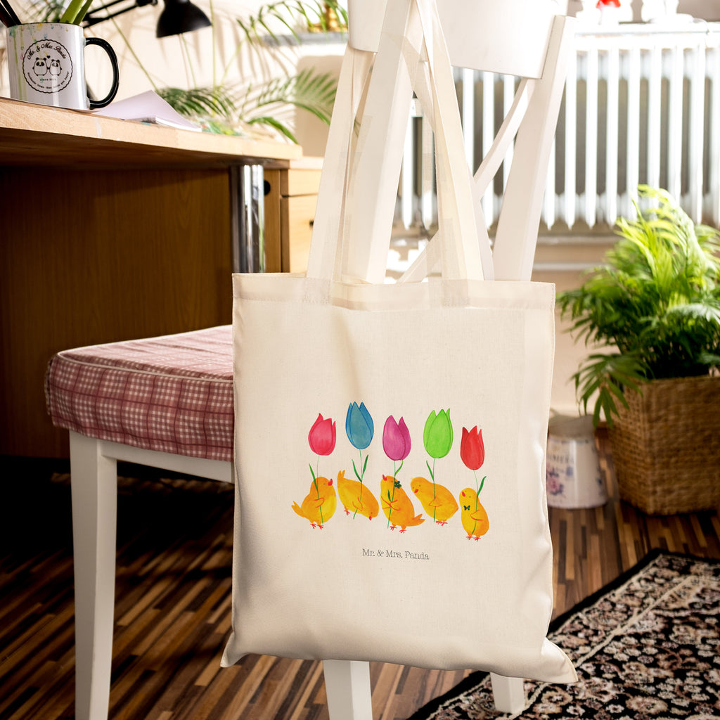 Tragetasche Küken Parade Beuteltasche, Beutel, Einkaufstasche, Jutebeutel, Stoffbeutel, Ostern, Osterhase, Ostergeschenke, Osternest, Osterdeko, Geschenk zu Ostern, Küken, Parade, Tulpen, Frohe Ostern, Ostergrüße, Blumen