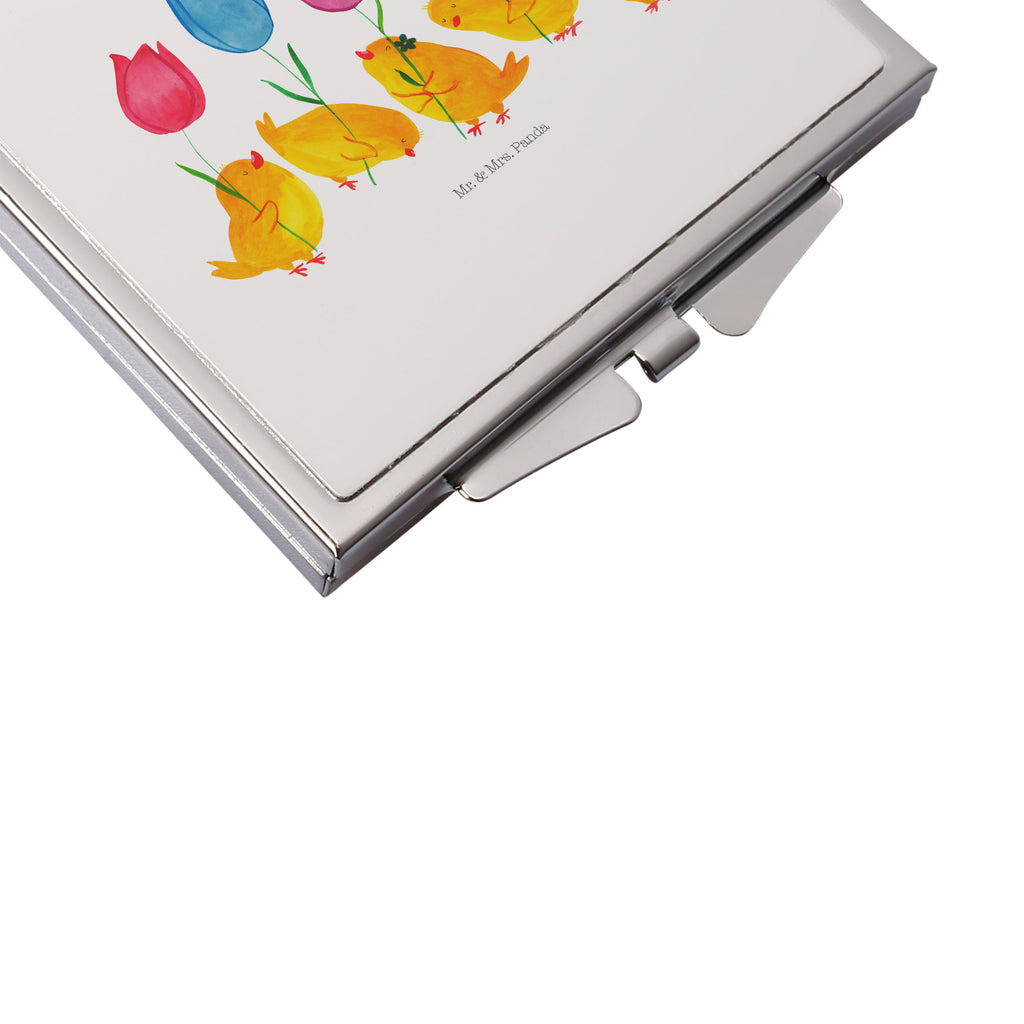 Handtaschenspiegel quadratisch Küken Parade Spiegel, Handtasche, Quadrat, silber, schminken, Schminkspiegel, Ostern, Osterhase, Ostergeschenke, Osternest, Osterdeko, Geschenk zu Ostern, Küken, Parade, Tulpen, Frohe Ostern, Ostergrüße, Blumen