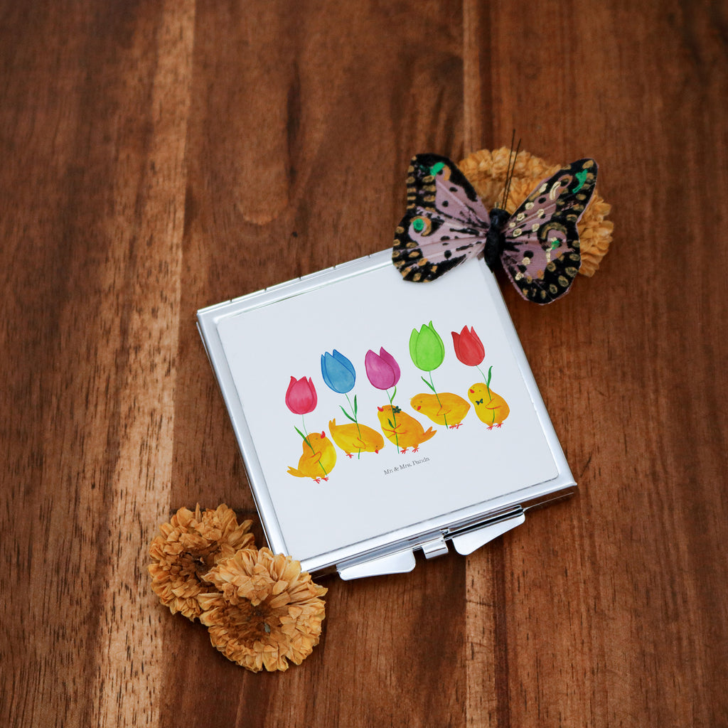 Handtaschenspiegel quadratisch Küken Parade Spiegel, Handtasche, Quadrat, silber, schminken, Schminkspiegel, Ostern, Osterhase, Ostergeschenke, Osternest, Osterdeko, Geschenk zu Ostern, Küken, Parade, Tulpen, Frohe Ostern, Ostergrüße, Blumen