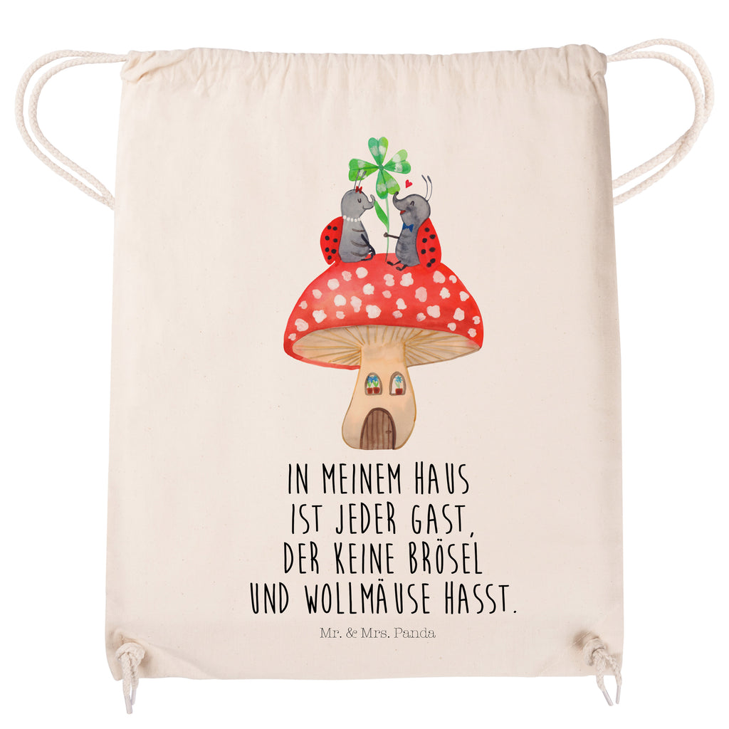 Sportbeutel Marienkäfer Paar Fliegenpilz Turnbeutel, Beutel, Sporttasche, Tasche, Stoffbeutel, Tiermotive, Gute Laune, lustige Sprüche, Tiere, Haus, Wohnung, zuhause, Fliegenpilz, Marienkäfer, Fleigenpilzhaus