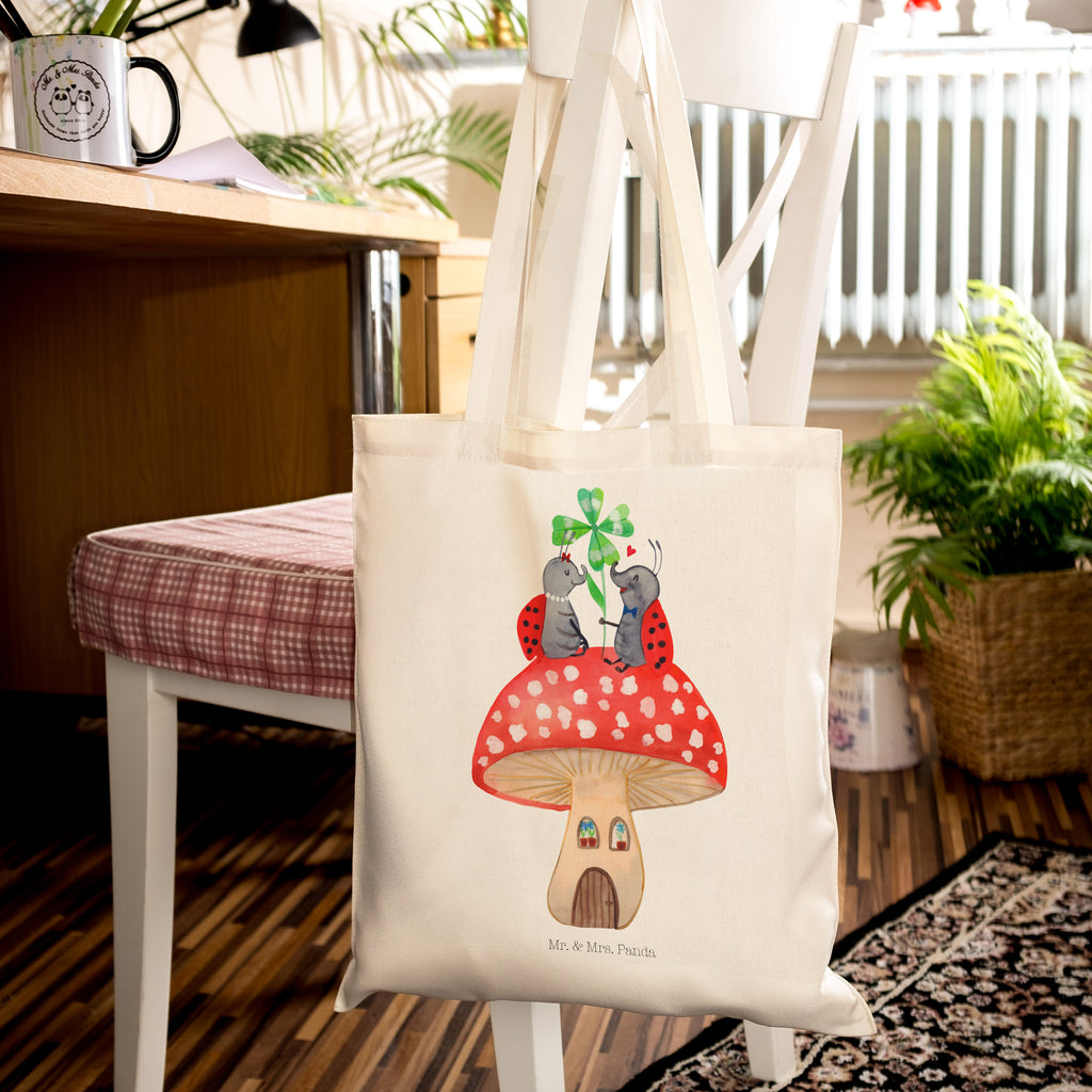 Tragetasche Marienkäfer Paar Fliegenpilz Beuteltasche, Beutel, Einkaufstasche, Jutebeutel, Stoffbeutel, Tiermotive, Gute Laune, lustige Sprüche, Tiere, Haus, Wohnung, zuhause, Fliegenpilz, Marienkäfer, Fleigenpilzhaus