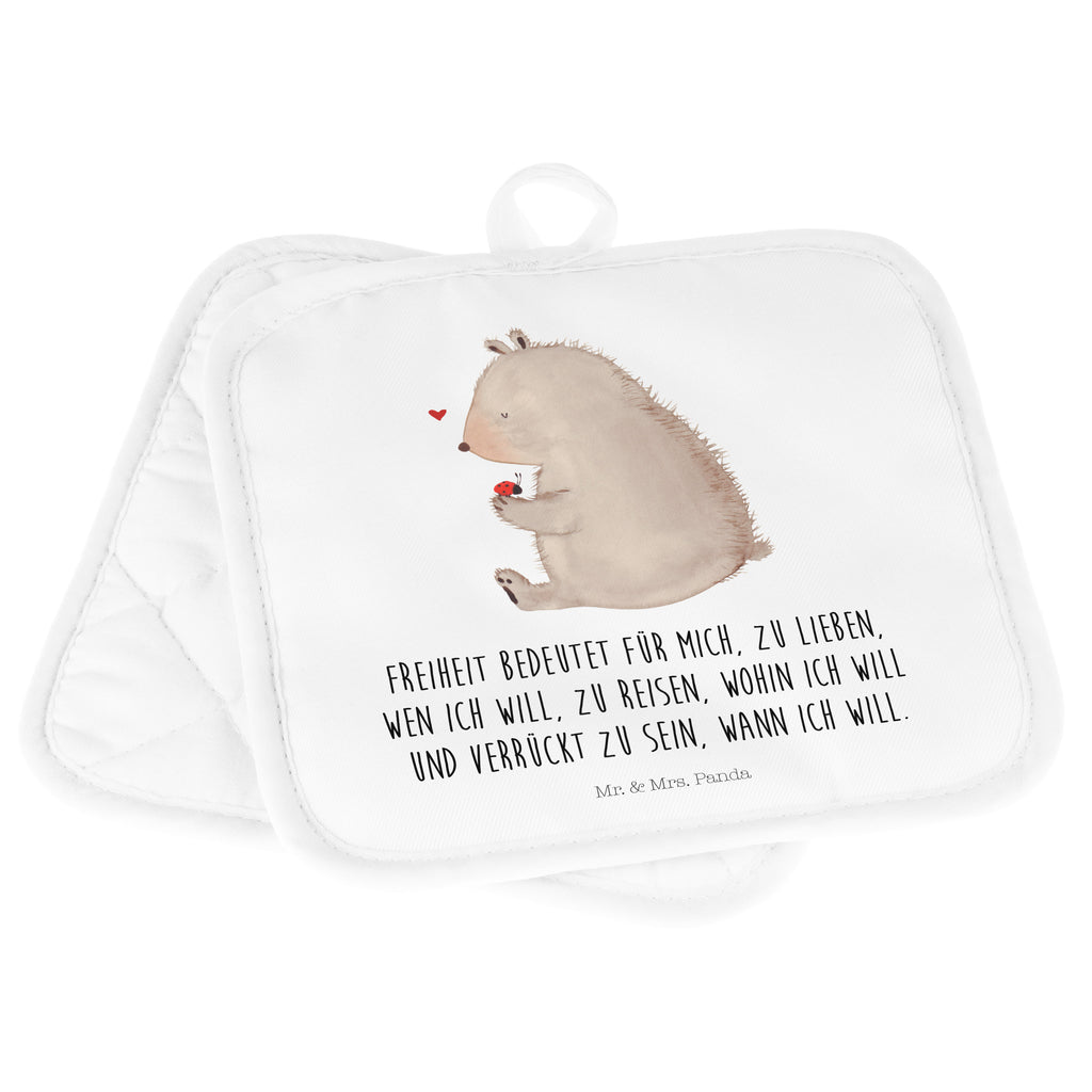 2er Set Topflappen  Bär mit Marienkäfer Topflappen, Topfuntersetzer, Ofenhandschuh, Topflappen Set, Topflappen lustig, Topflappen mit Spruch, Bär, Teddy, Teddybär, Marienkäfer, Liebe, Freiheit, Motivation, Das Leben ist schön