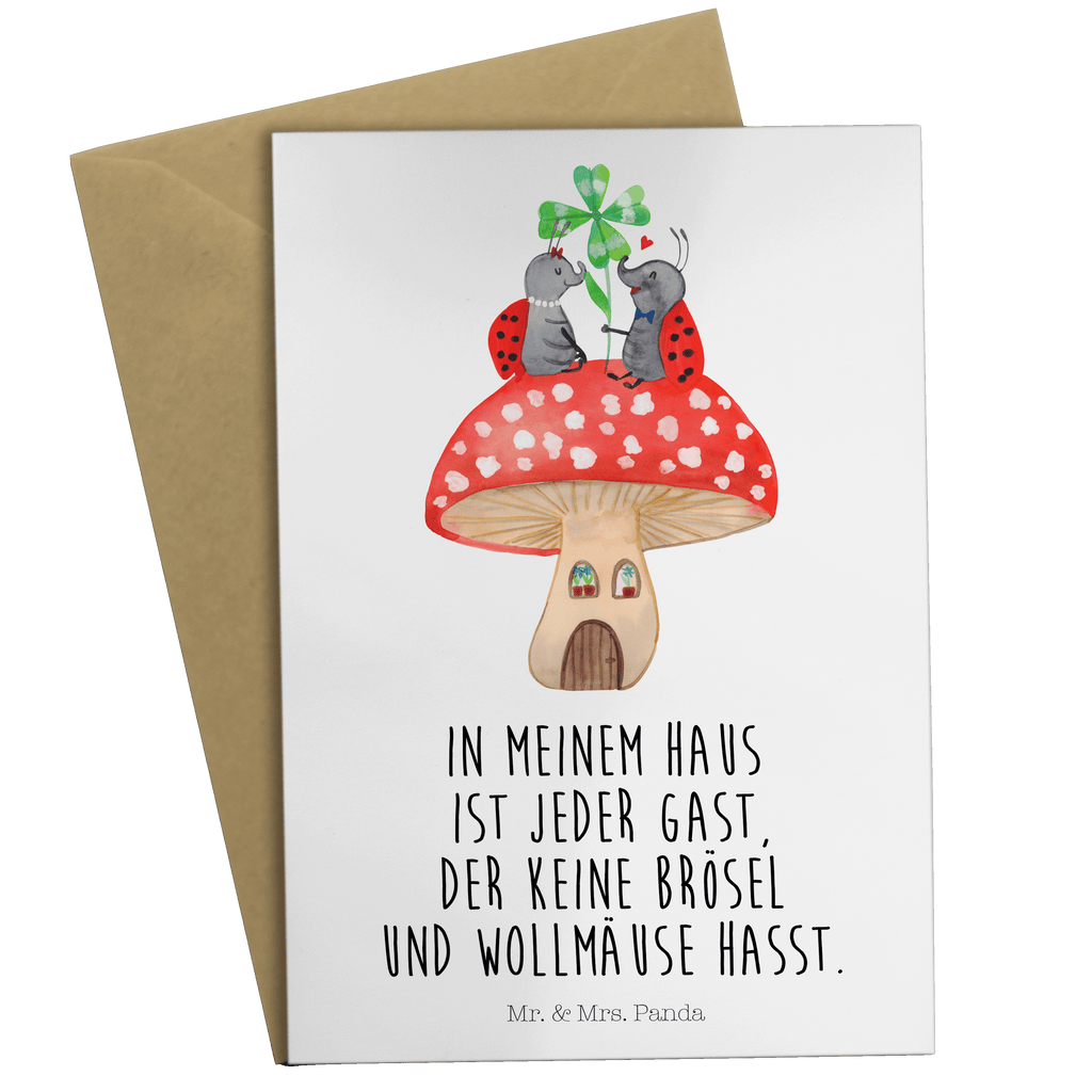 Grußkarte Marienkäfer Paar Fliegenpilz Klappkarte, Einladungskarte, Glückwunschkarte, Hochzeitskarte, Geburtstagskarte, Karte, Tiermotive, Gute Laune, lustige Sprüche, Tiere, Haus, Wohnung, zuhause, Fliegenpilz, Marienkäfer, Fleigenpilzhaus
