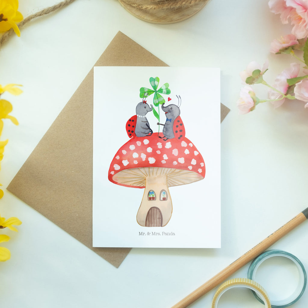 Grußkarte Marienkäfer Paar Fliegenpilz Klappkarte, Einladungskarte, Glückwunschkarte, Hochzeitskarte, Geburtstagskarte, Karte, Tiermotive, Gute Laune, lustige Sprüche, Tiere, Haus, Wohnung, zuhause, Fliegenpilz, Marienkäfer, Fleigenpilzhaus