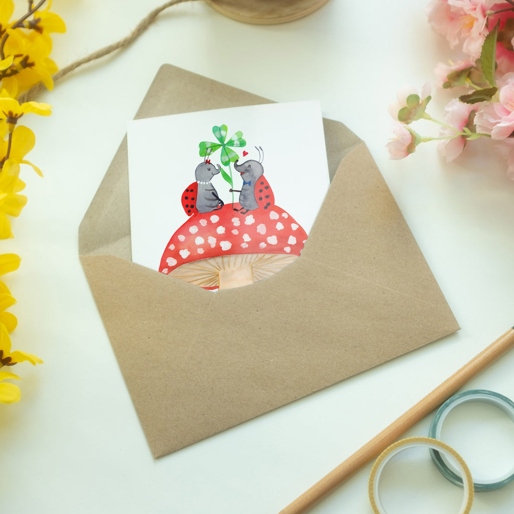 Grußkarte Marienkäfer Paar Fliegenpilz Klappkarte, Einladungskarte, Glückwunschkarte, Hochzeitskarte, Geburtstagskarte, Karte, Tiermotive, Gute Laune, lustige Sprüche, Tiere, Haus, Wohnung, zuhause, Fliegenpilz, Marienkäfer, Fleigenpilzhaus