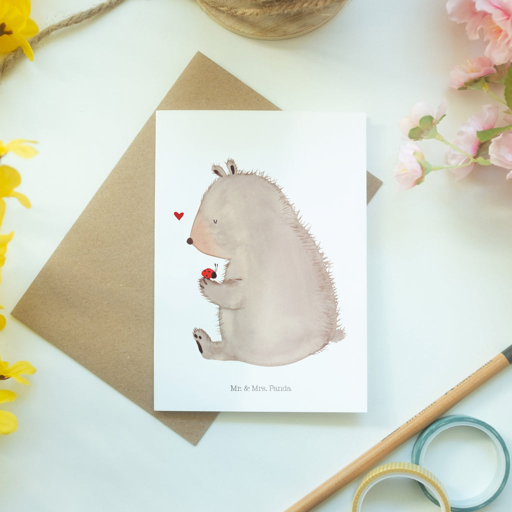 Grußkarte Bär mit Marienkäfer Klappkarte, Einladungskarte, Glückwunschkarte, Hochzeitskarte, Geburtstagskarte, Karte, Bär, Teddy, Teddybär, Marienkäfer, Liebe, Freiheit, Motivation, Das Leben ist schön