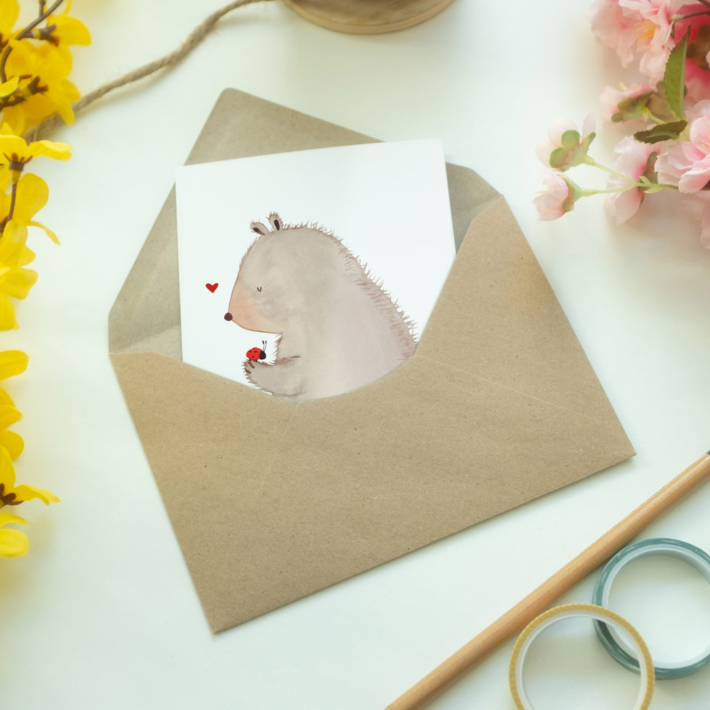 Grußkarte Bär mit Marienkäfer Klappkarte, Einladungskarte, Glückwunschkarte, Hochzeitskarte, Geburtstagskarte, Karte, Bär, Teddy, Teddybär, Marienkäfer, Liebe, Freiheit, Motivation, Das Leben ist schön
