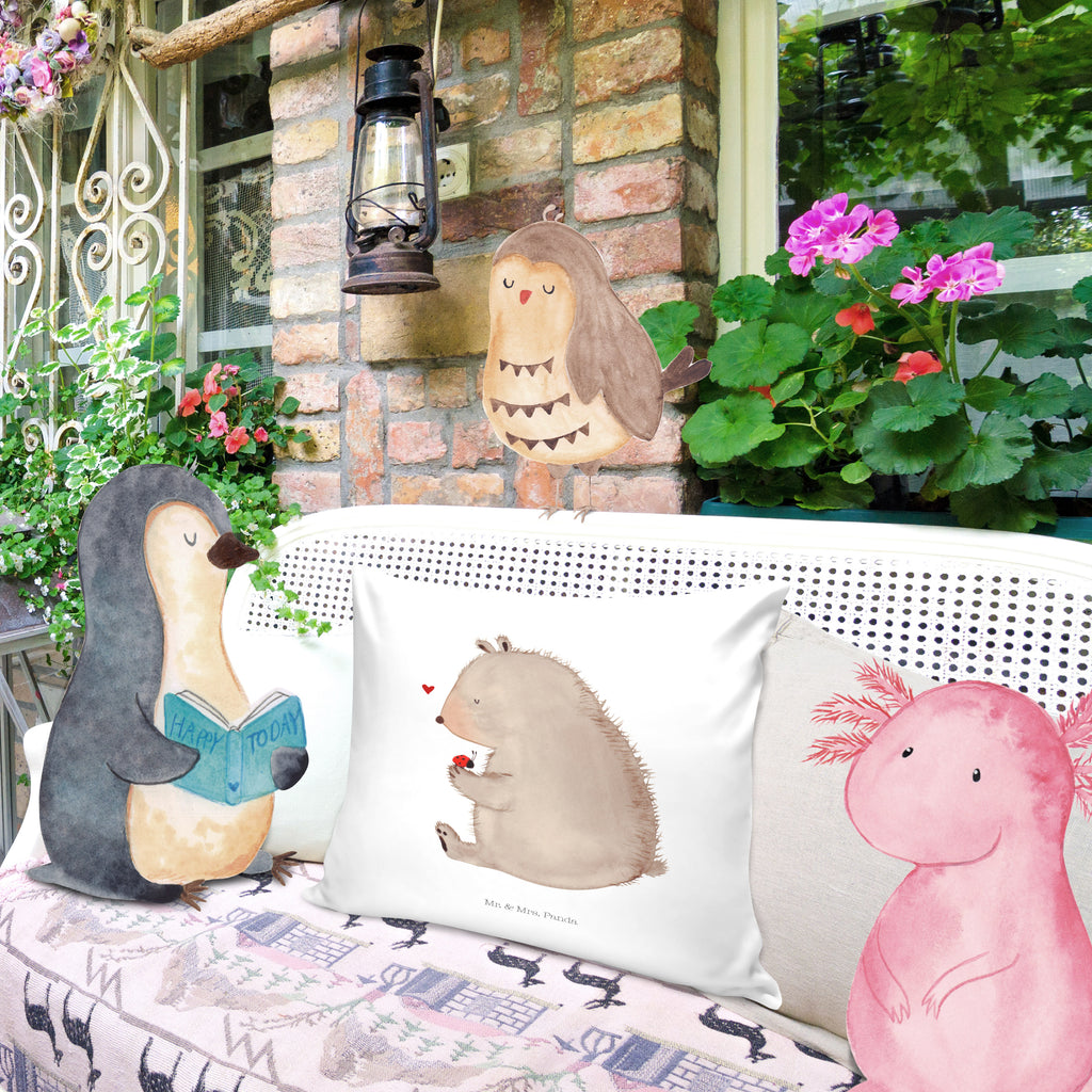 40x40 Kissen Bär mit Marienkäfer Kissenhülle, Kopfkissen, Sofakissen, Dekokissen, Motivkissen, Bär, Teddy, Teddybär, Marienkäfer, Liebe, Freiheit, Motivation, Das Leben ist schön