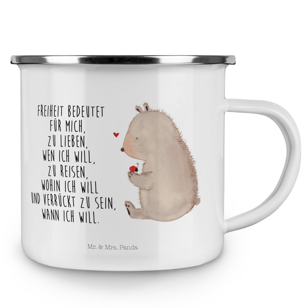 Camping Emaille Tasse Bär mit Marienkäfer Campingtasse, Trinkbecher, Metalltasse, Outdoor Tasse, Emaille Trinkbecher, Blechtasse Outdoor, Emaille Campingbecher, Edelstahl Trinkbecher, Metalltasse für Camping, Kaffee Blechtasse, Camping Tasse Metall, Bär, Teddy, Teddybär, Marienkäfer, Liebe, Freiheit, Motivation, Das Leben ist schön