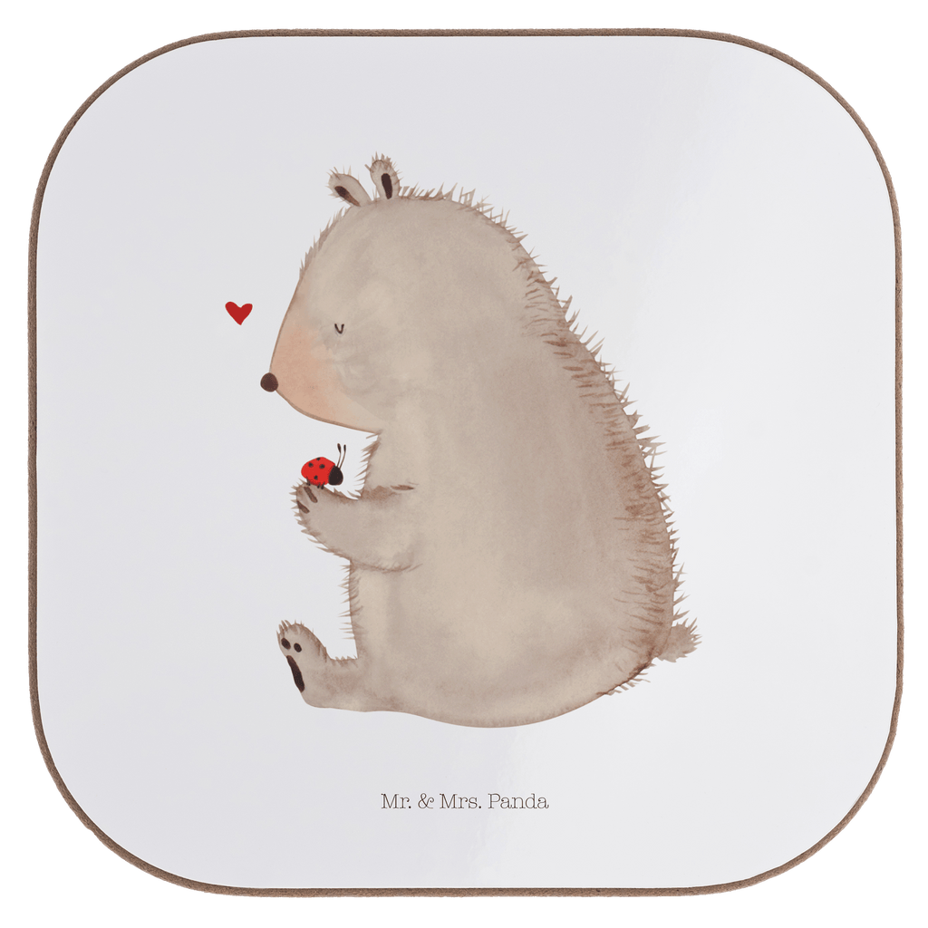 Quadratische Untersetzer Bär mit Marienkäfer Bierdeckel, Glasuntersetzer, Untersetzer Gläser, Getränkeuntersetzer, Bär, Teddy, Teddybär, Marienkäfer, Liebe, Freiheit, Motivation, Das Leben ist schön