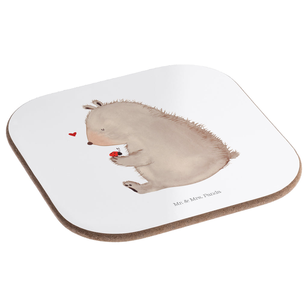 Quadratische Untersetzer Bär mit Marienkäfer Bierdeckel, Glasuntersetzer, Untersetzer Gläser, Getränkeuntersetzer, Bär, Teddy, Teddybär, Marienkäfer, Liebe, Freiheit, Motivation, Das Leben ist schön