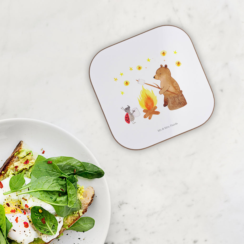 Quadratische Untersetzer Bär & Marienkäfer Lagerfeuer Bierdeckel, Glasuntersetzer, Untersetzer Gläser, Getränkeuntersetzer, Bär, Teddy, Teddybär, Lagerfeuer
