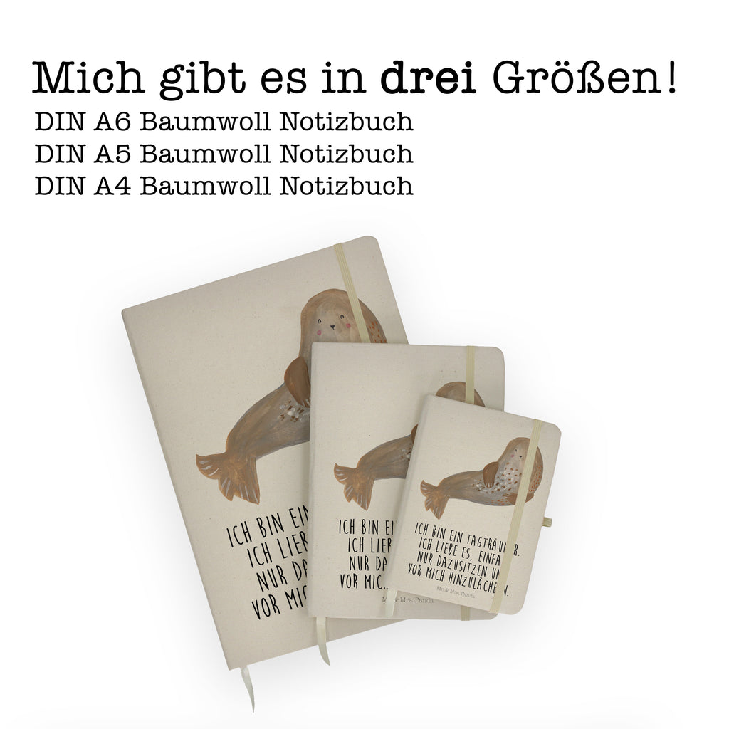 DIN A6 Baumwoll Notizbuch Robbe lachend Notizen, Eintragebuch, Tagebuch, Notizblock, Adressbuch, Journal, Kladde, Skizzenbuch, Notizheft, Schreibbuch, Schreibheft, Tiermotive, Gute Laune, lustige Sprüche, Tiere, Robbe, Robben, Seehund, Strand, Meerestier, Ostsee, Nordsee