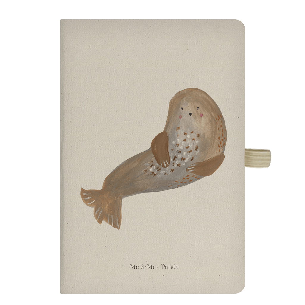 DIN A6 Baumwoll Notizbuch Robbe lachend Notizen, Eintragebuch, Tagebuch, Notizblock, Adressbuch, Journal, Kladde, Skizzenbuch, Notizheft, Schreibbuch, Schreibheft, Tiermotive, Gute Laune, lustige Sprüche, Tiere, Robbe, Robben, Seehund, Strand, Meerestier, Ostsee, Nordsee