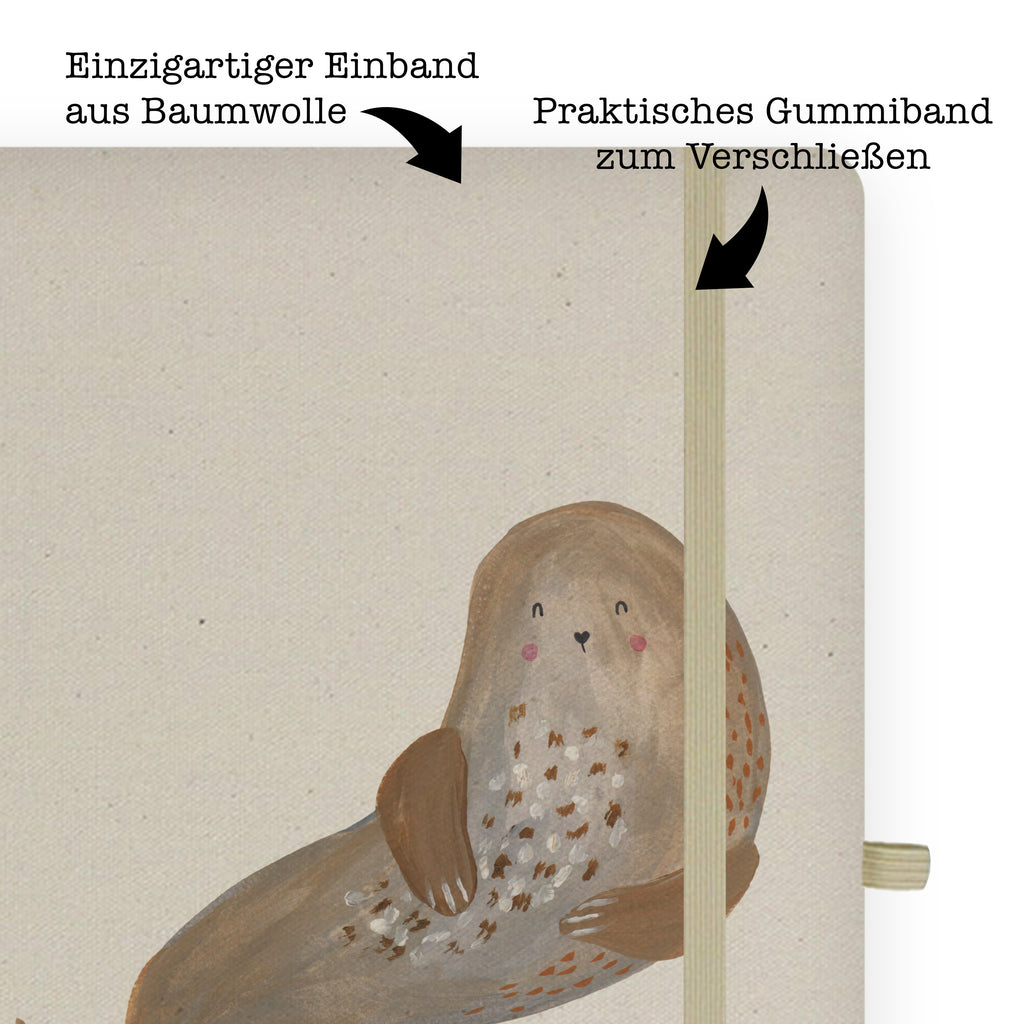 DIN A6 Baumwoll Notizbuch Robbe lachend Notizen, Eintragebuch, Tagebuch, Notizblock, Adressbuch, Journal, Kladde, Skizzenbuch, Notizheft, Schreibbuch, Schreibheft, Tiermotive, Gute Laune, lustige Sprüche, Tiere, Robbe, Robben, Seehund, Strand, Meerestier, Ostsee, Nordsee